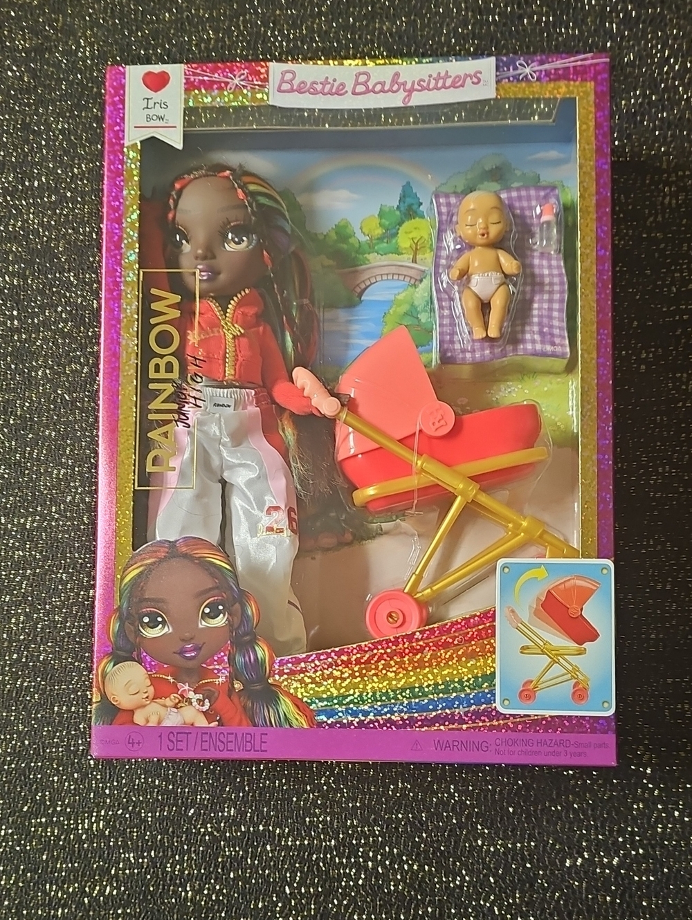 IRIS - Rainbow Bestie Doll with Pink Pram and Multicolor Hair